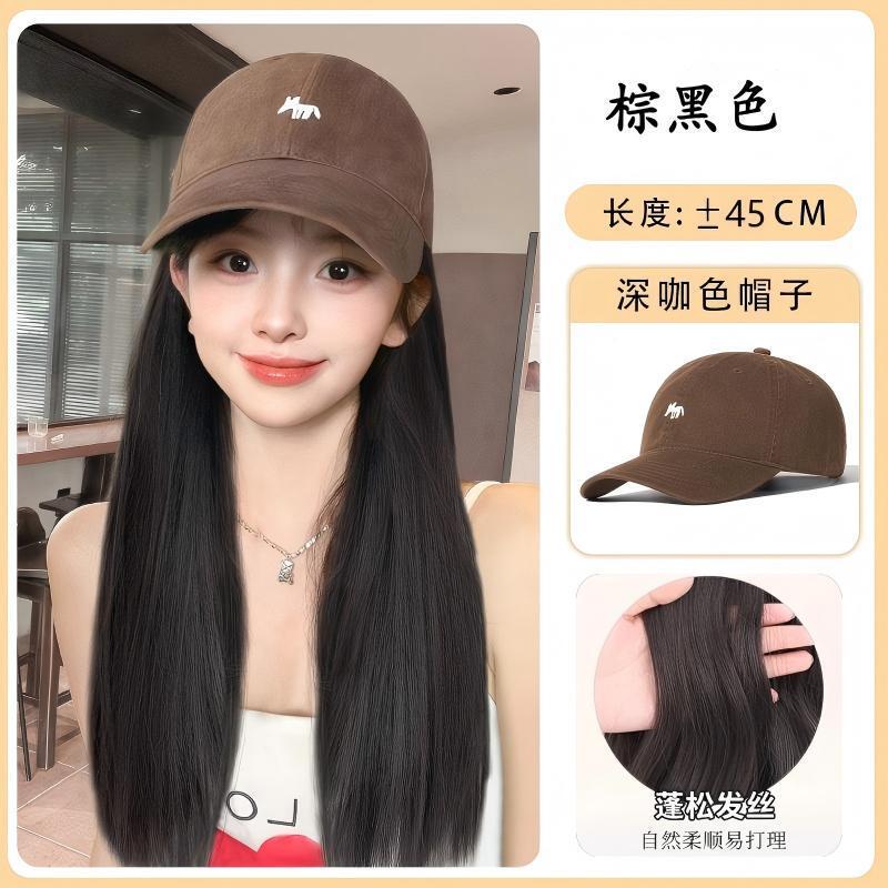 Wig Hat Combo Full Head Wig Little Fox Baseball Cap Black Long Straight Hair Gray Coffee Hat Hair Extension Black Long Straight Wig