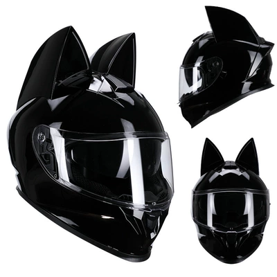 3C certified cat-ear electric motorcycle helmet, suitable for travel and commuting in all seasons, can be equipped with Bluetooth, personalized full-face motorcycle helmet (Motosiklet kaskı (dəbilqə)) - bright-black-cat-transparent-lenses-s50-53cm