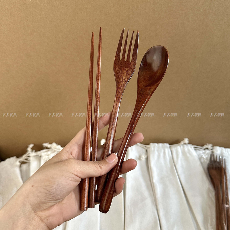 日本式携帯ケース袋スプーンフォーク箸木柄食器学生ランチ箸スプーンフォーク3点セット木スプーン|undefined