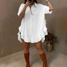 短袖跨境外贸欧码女装纯色宽松褶皱荷叶边下摆宽松衬衫休闲衬衣