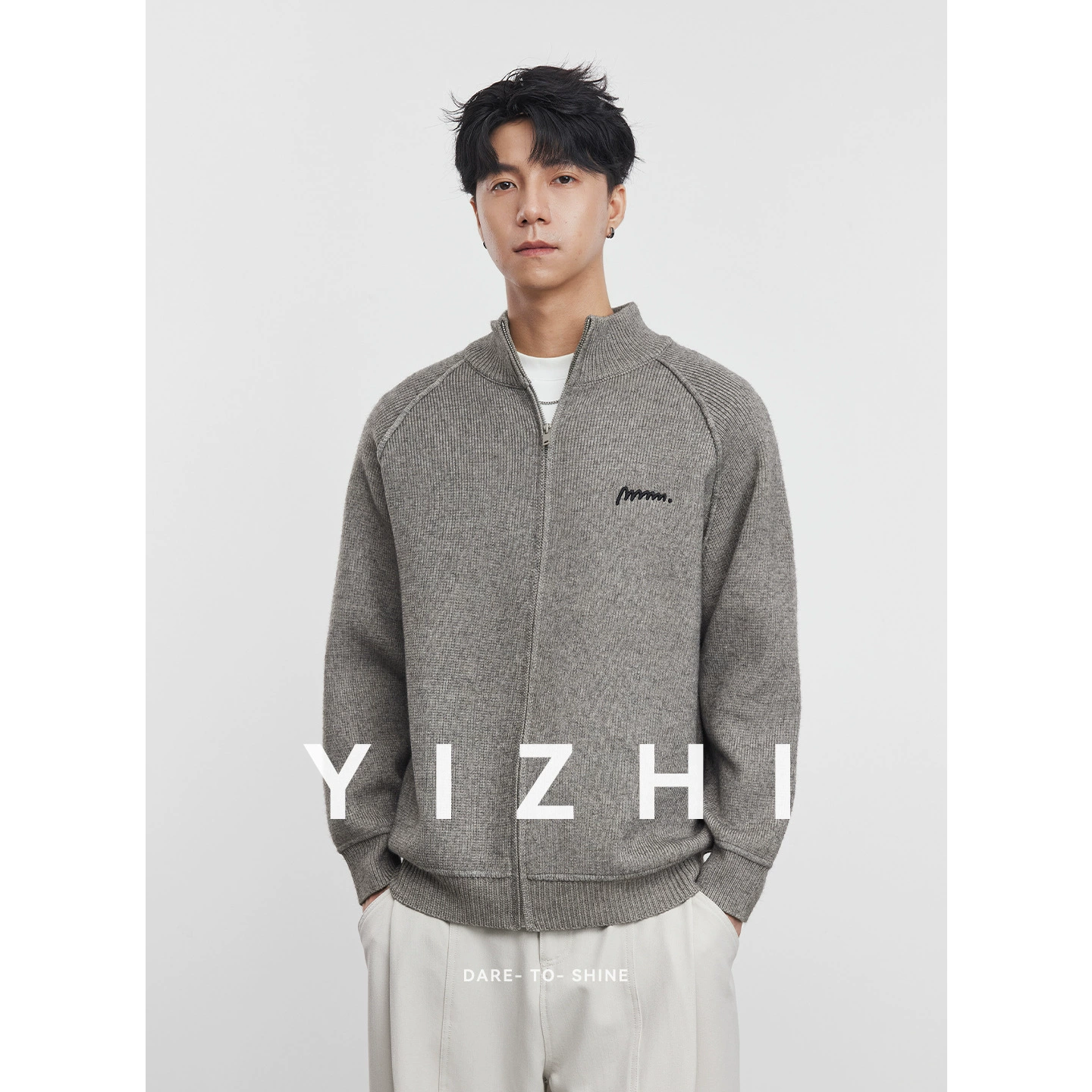 亦止男装松弛感立领拉链开衫针织衫男刺绣宽松毛衣外套毛衫上衣潮