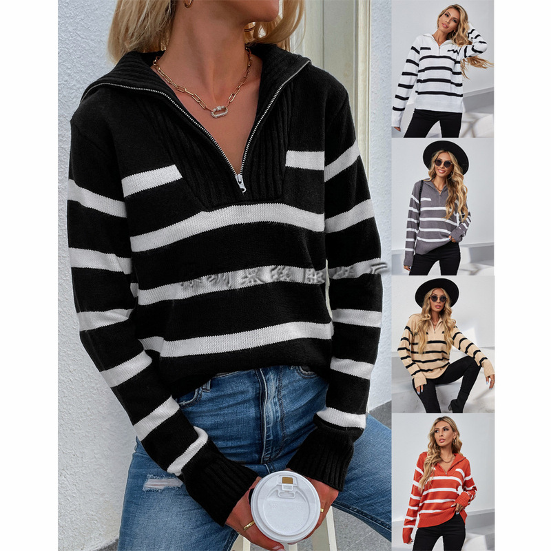 Cross-border Autumn and Winter Amazon Knitted Cross-border Women's High Collar Striped Knitted Shirt Long Sleeve European and American Zipper Sweater for Women