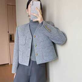 灰色毛呢小香风外套女早秋小个子感港风复古宽松休闲短款上衣