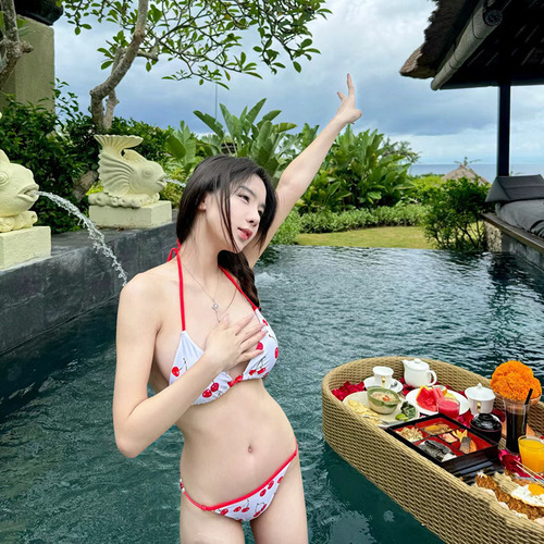 Bikini with Separate Bottom, Cherry Blossom Print, Hot Spring Style, Small Cup Women's Swimwear