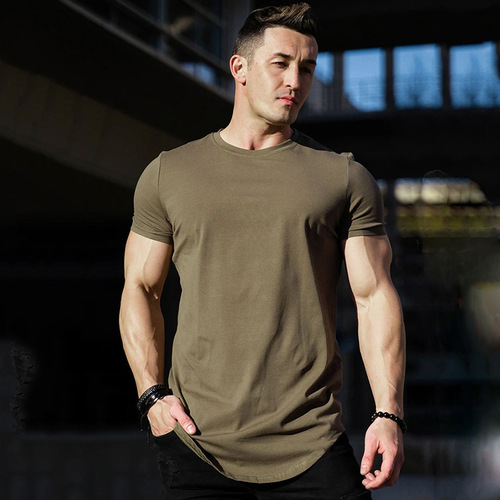 Summer solid color sports T-shirt men's muscle men's round neck breathable fitness short-sleeved tops running training elastic cotton