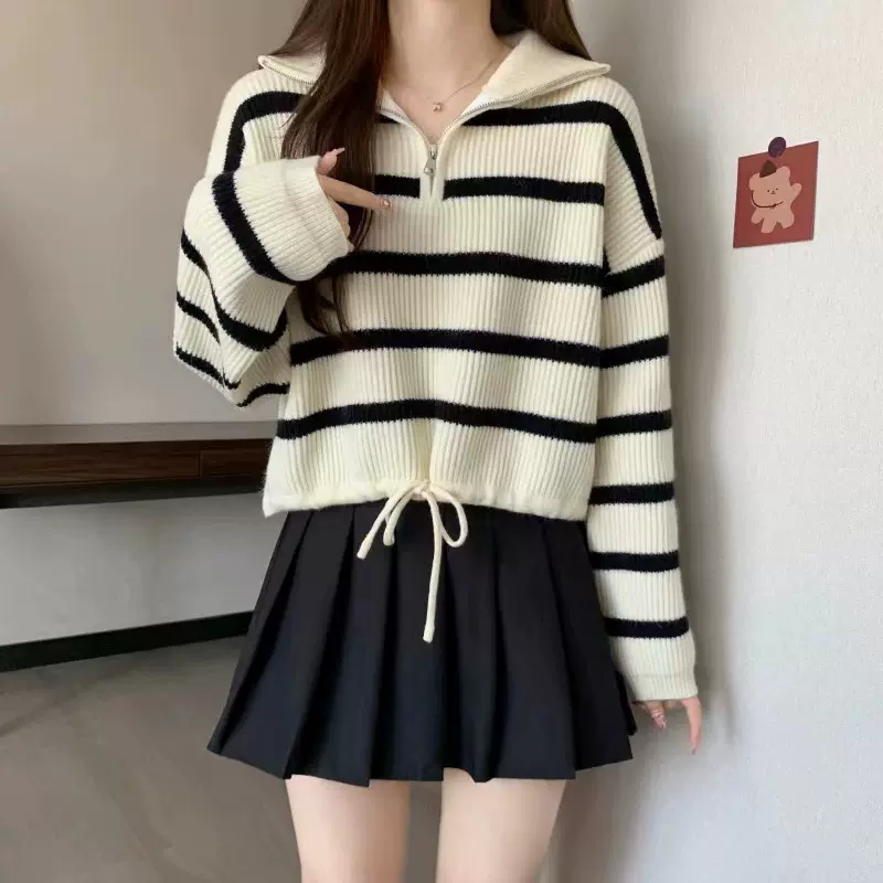 韩系半拉链高领条纹毛衣女秋冬小个子加厚宽松慵懒套头短款针织衫