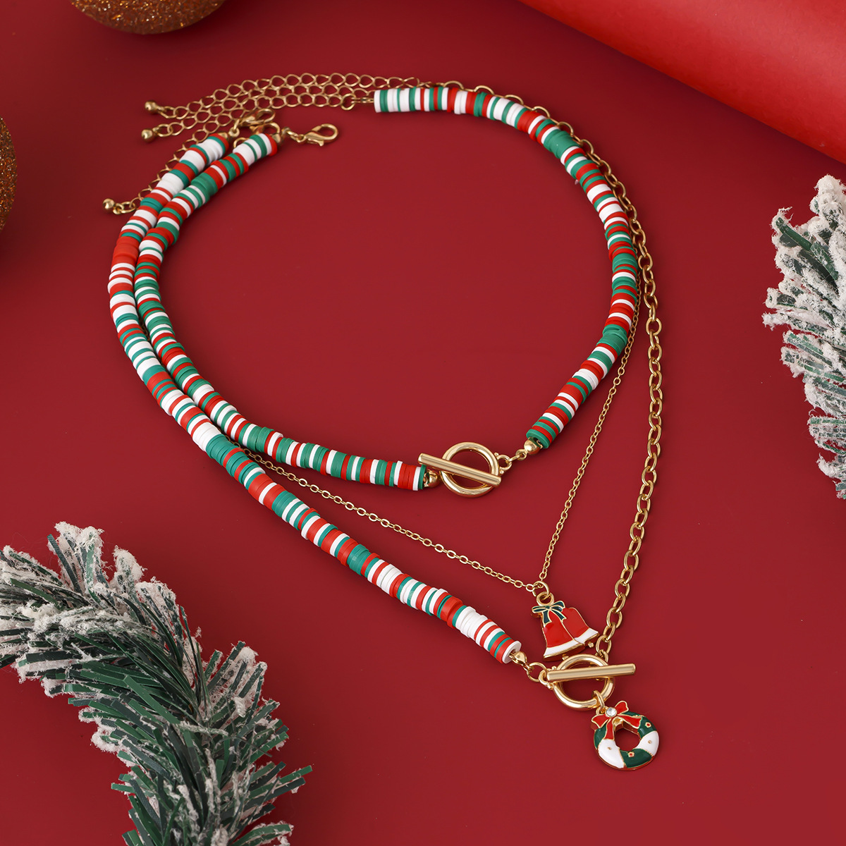European And American Fashion Soft Pottery OT Buckle Alloy Necklace 3-piece Set Christmas Elderly Pendant Collarbone Chain_voghion.com