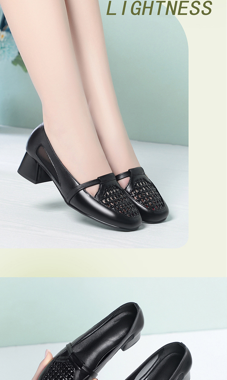 Giày sandal nữ da thật đan lưới gót thấp mũi nhọn thoáng khí — màu be chi tiết 9