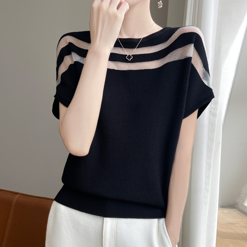 2025夏の新型欧根紗は氷の丸首のニットの半袖のtシャツの女性の薄いネットの上着の夏をつなぎ合わせます。