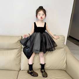 童装女童2025新款夏季网纱蓬蓬连衣裙小女孩洋气黑天鹅吊带公主裙