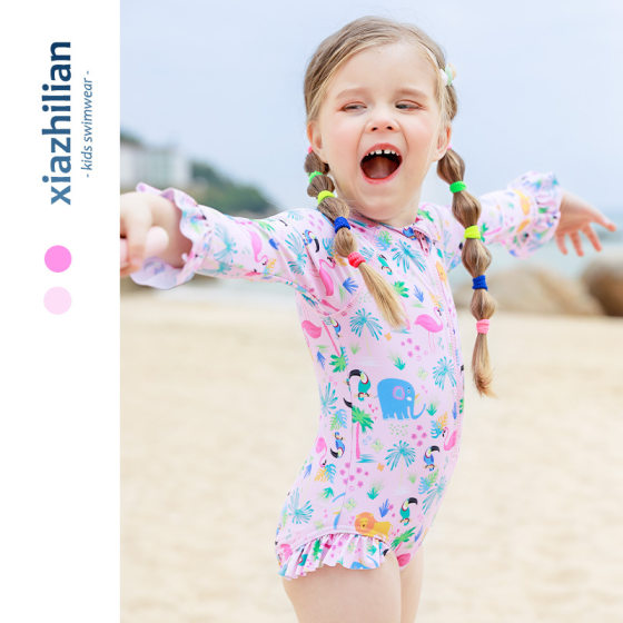 ins Children's Swimsuit Girl's New Long-sleeved Sunscreen Children's Hot Spring One-piece Girl's Stylish Beach Surf Suit Trendy