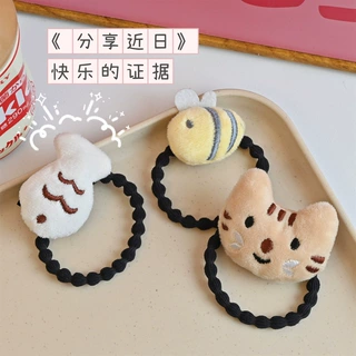 新款卡通猫咪蜜蜂丸子头扎发头绳发圈 甜美布艺高弹力皮筋头饰