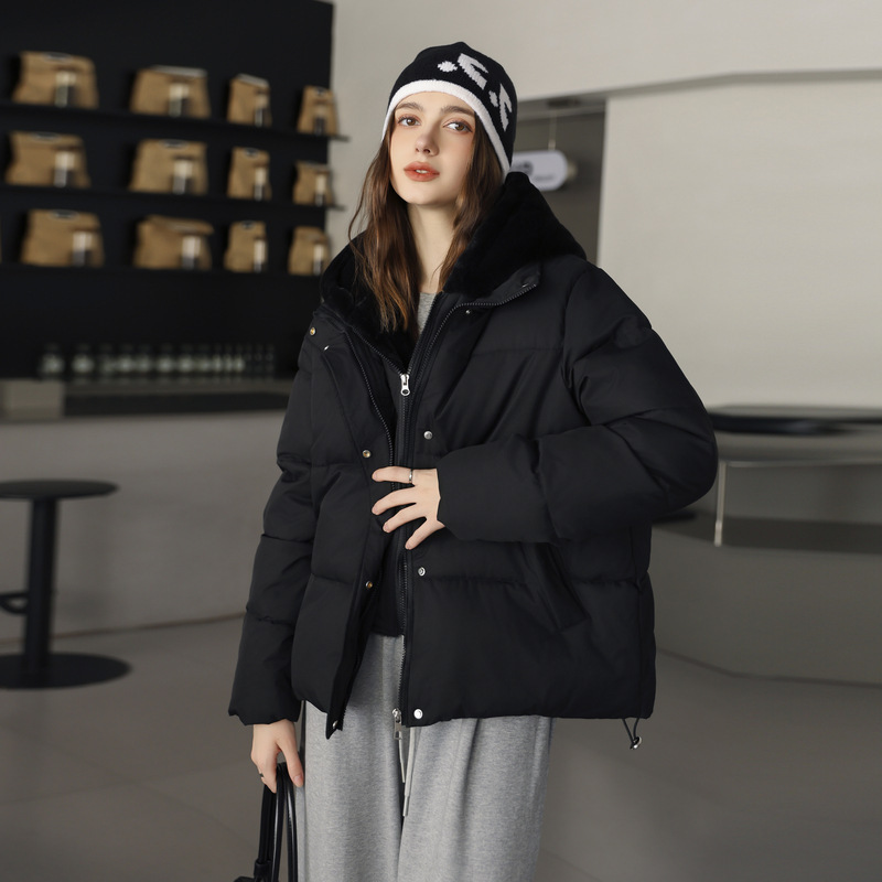 棉服女冬短款连帽2025新款韩版加绒毛拼接面包服加厚假两件潮棉袄|undefined
