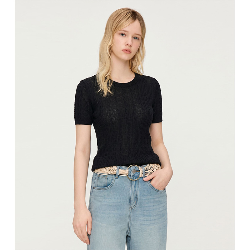 【Lao*Dingduan】French-Style Cable Knit Black Round-Neck Short-Sleeve Knit Top for Women, Summer Casual Slim-Fit T-Shirt 【Lao*Dingduan】French-Style Cable Knit Black Round-Neck Short-Sleeve Knit Top for Women, Summer Casual Slim-Fit T-Shirt