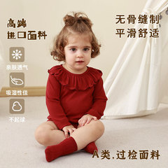 24春寶寶長袖爬服嬰兒哈衣春秋季四季公主紅色女寶寶花邊領包屁衣
