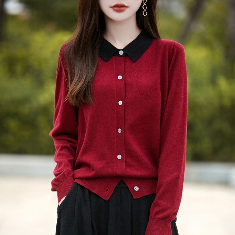 Korean Knitted Cardigan 2025 Spring & Fall Outer Wear Versatile Polo Collar Color Matching Loose Sweater Jacket for Women
