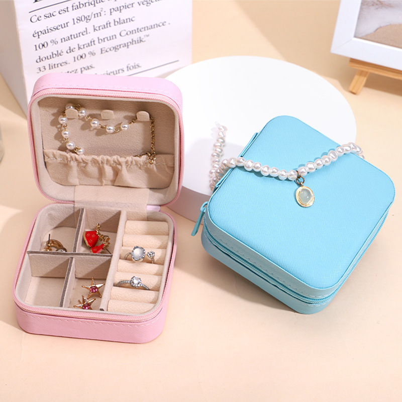 Caja de almacenamiento de joyería de cuero de PU portátil caja de embalaje de joyería de cremallera caja de joyería de almacenamiento de viaje con caja de collar de anillo de espejo