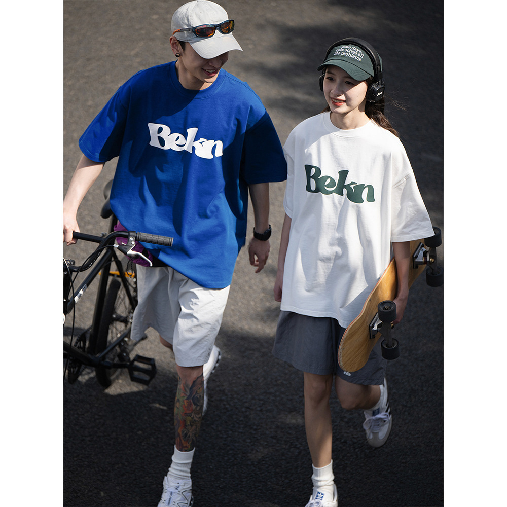 ベンkenderyシンプルなプリント純色綿300g重ポンド丸首ゆるい半袖tシャツ男女トレンド行