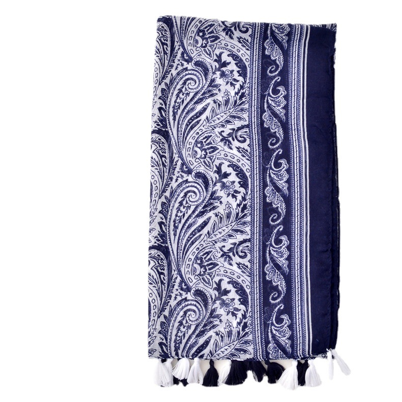 2020 otoño e invierno nuevo azul marino borla impresa algodón y lino bufanda vintage azul y blanco porcelana fina protector solar chal bufanda