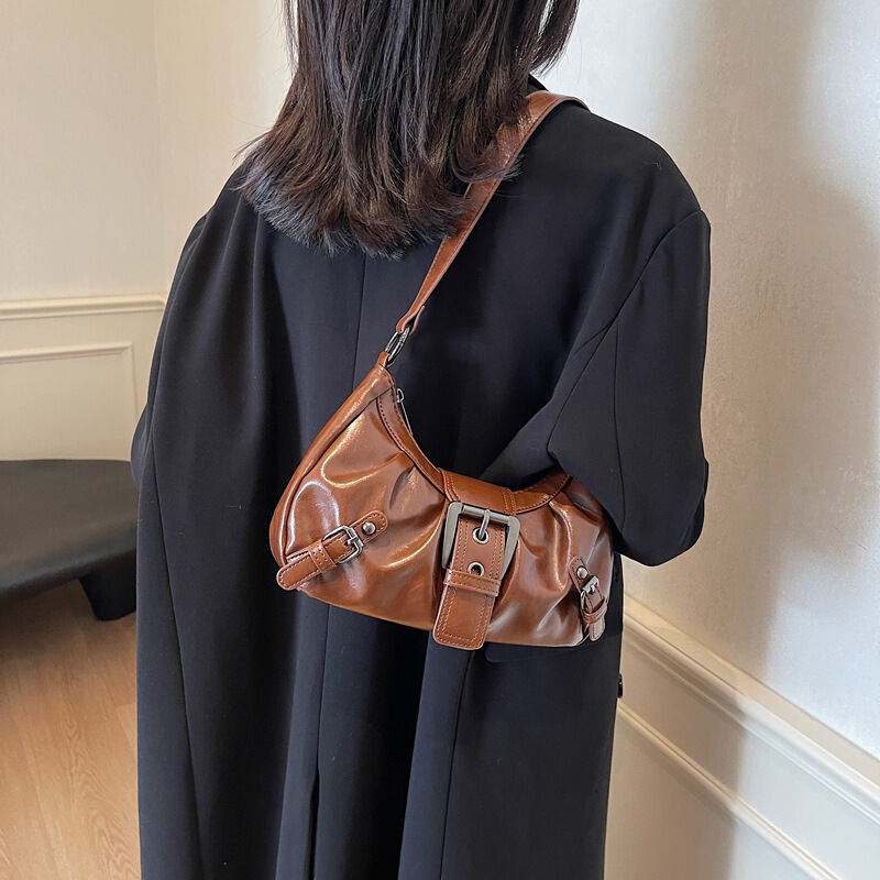 Cross-border Hot-selling Maillard Style Retro Style Spice Girl Waste Earth Style Old Two-color Leather Shoulder Bag Underarm Bag