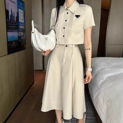 25年南油婦人服夏二点セット三角マークカジュアル襟半袖シャツコート半身スカートセット