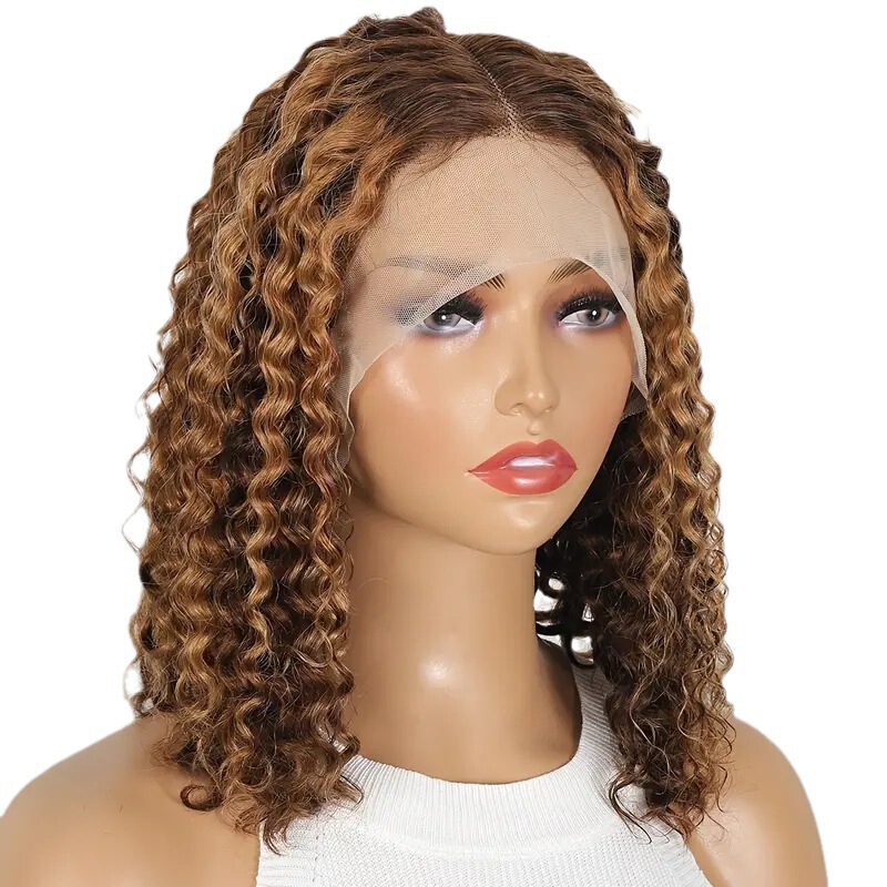 New European and American Style Lace Front Curly Wig, High-Temperature Synthetic Fiber Short Gradient Fashion Full Wig