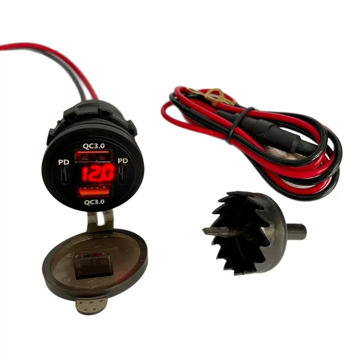 改装汽车摩托四口数显车载充电器pd+QC3.0快充手机加装车载充电器