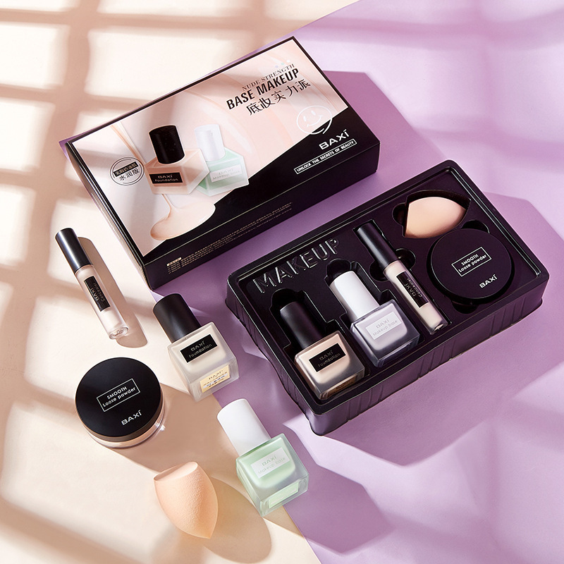 Bassie Light Face Small Muscle Dense Base Makeup Five-piece Set Foundation Liquid Concealer Liquid Isolation Cream Powder Set Chinese Cosmetic Makeup