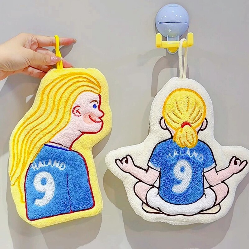 Cute Cartoon Haaland Hand Towel, Premier League Kitchen Wall-Mounted Absorbent Towel, Quick-Dry Coral Fleece Hand Towel