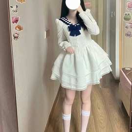 秋装2025新款法式初恋甜美学院风jk海军领蝴蝶结白色连衣裙子女