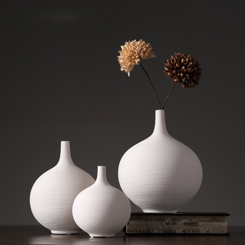 Jarrón de cerámica blanca nórdica boca fina decoración redonda sala de estar arreglo de flores decoración de flores secas estilo silencioso decoración del arte