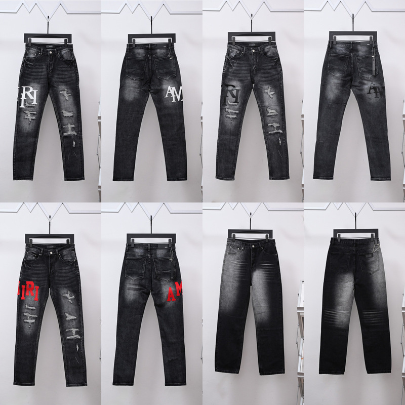 Cross-Border Amiri Mm62025 New Style Distressed Red Leather Embroidered Letter Couple's Washed Stretch Jeans Cross-Border Amiri Mm62025 New Style Distressed Red Leather Embroidered Letter Couple's Washed Stretch Jeans