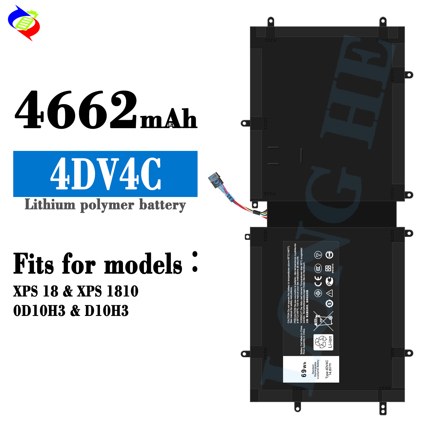 适用戴尔4DV4C笔记本电池XPS 18/XPS 1810/0D10H3/D10H3工厂批发