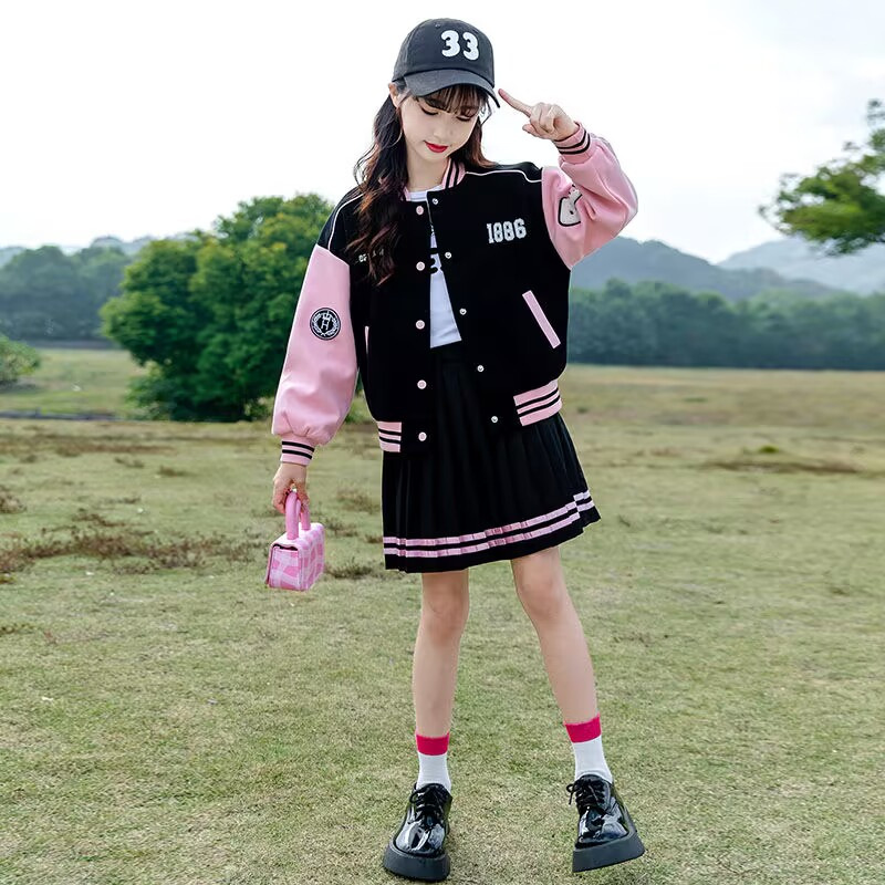 Chaqueta de béisbol para niñas conjunto de dos piezas de primavera y otoño 2023 nuevos niños medianos y grandes ropa de estudiante traje de niña Falda plisada