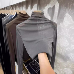欧品網紗レース高襟シャツ女2024春秋長袖ファッションインナーtシャツ洋気上着大サイズ