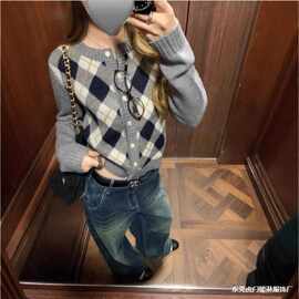 南油高定复古灰色方块格子羊毛圆领针织短袖修身显瘦减龄女款上衣
