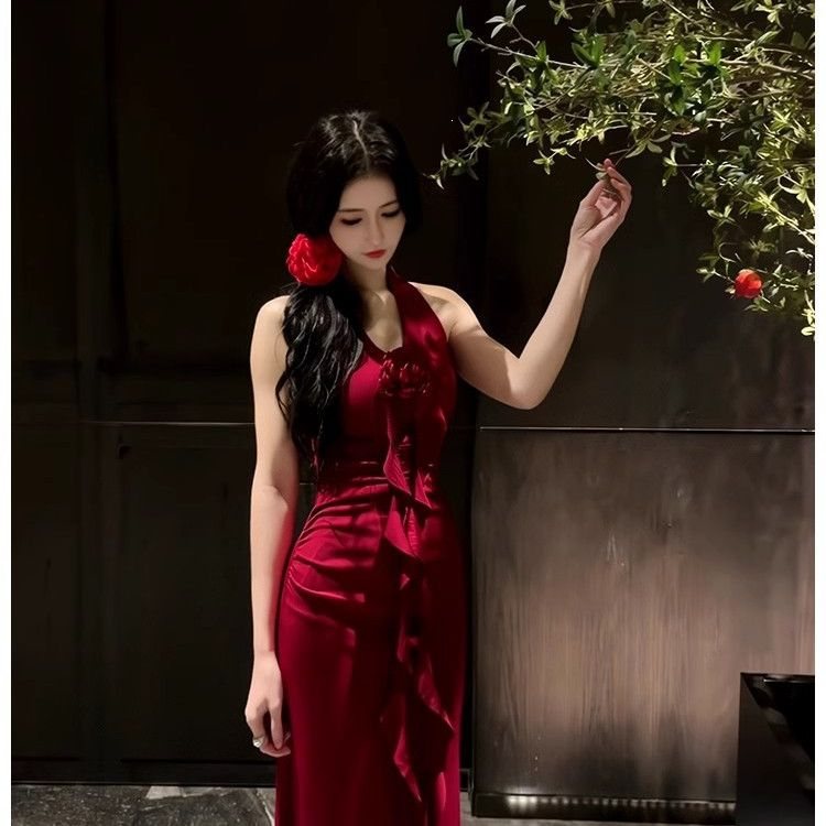 夏季立体花朵裙子法式高贵礼服修身纯欲收腰红色气质连衣裙长裙女