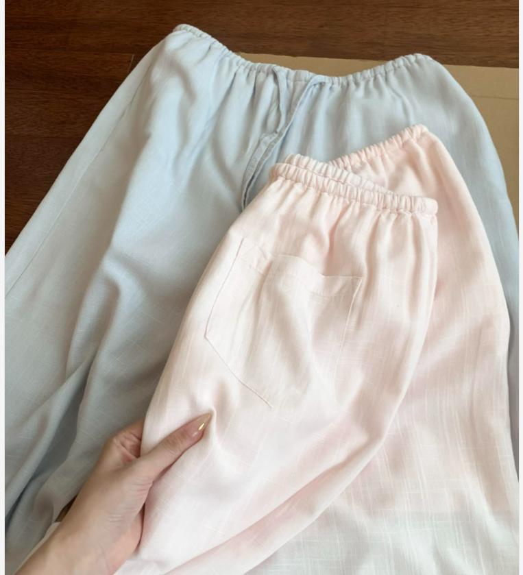 Quần culottes nữ ống rộng chất liệu linen phong cách lão tiền — xanh lam, màu hồng, màu trắng chi tiết 9