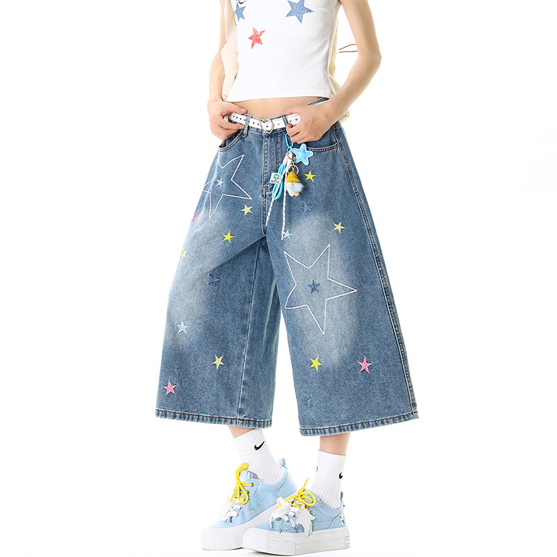 Trendy Versatile Design Denim Shorts for Women, New Summer Style, American Style, Plus Size, Loose Fit, Slimming Wide-Leg Cropped Pants