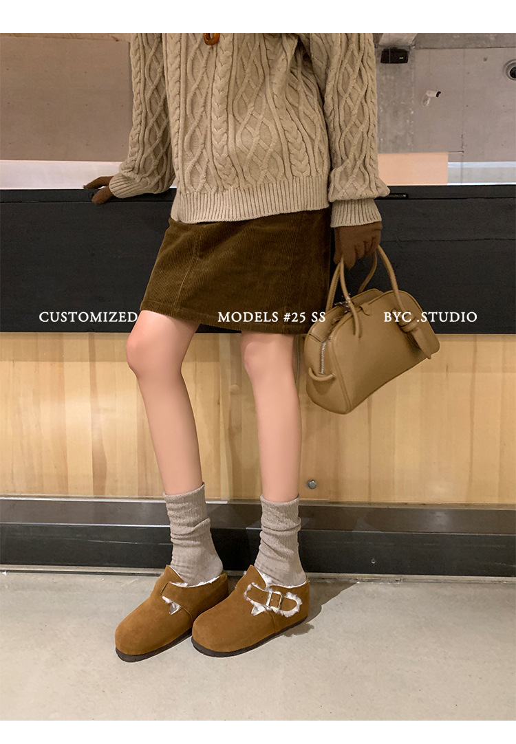 Dép lông Birkenstock da thật nữ đế dày, mũi kín lông cừu, có khóa thắt lưng, tăng chiều cao bên trong — cà phê nâu chi tiết 9