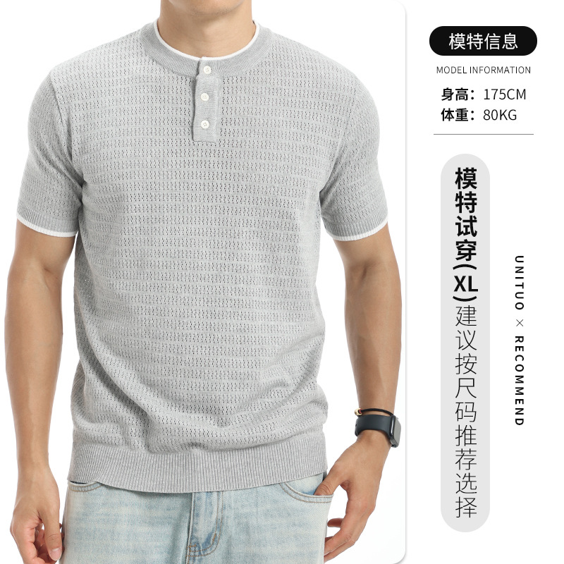 Hombres europeos y americanos huecos Henry cuello camiseta de punto de manga corta verano de negocios casuales transpirables de alto nivel de sensación de blusa versátil