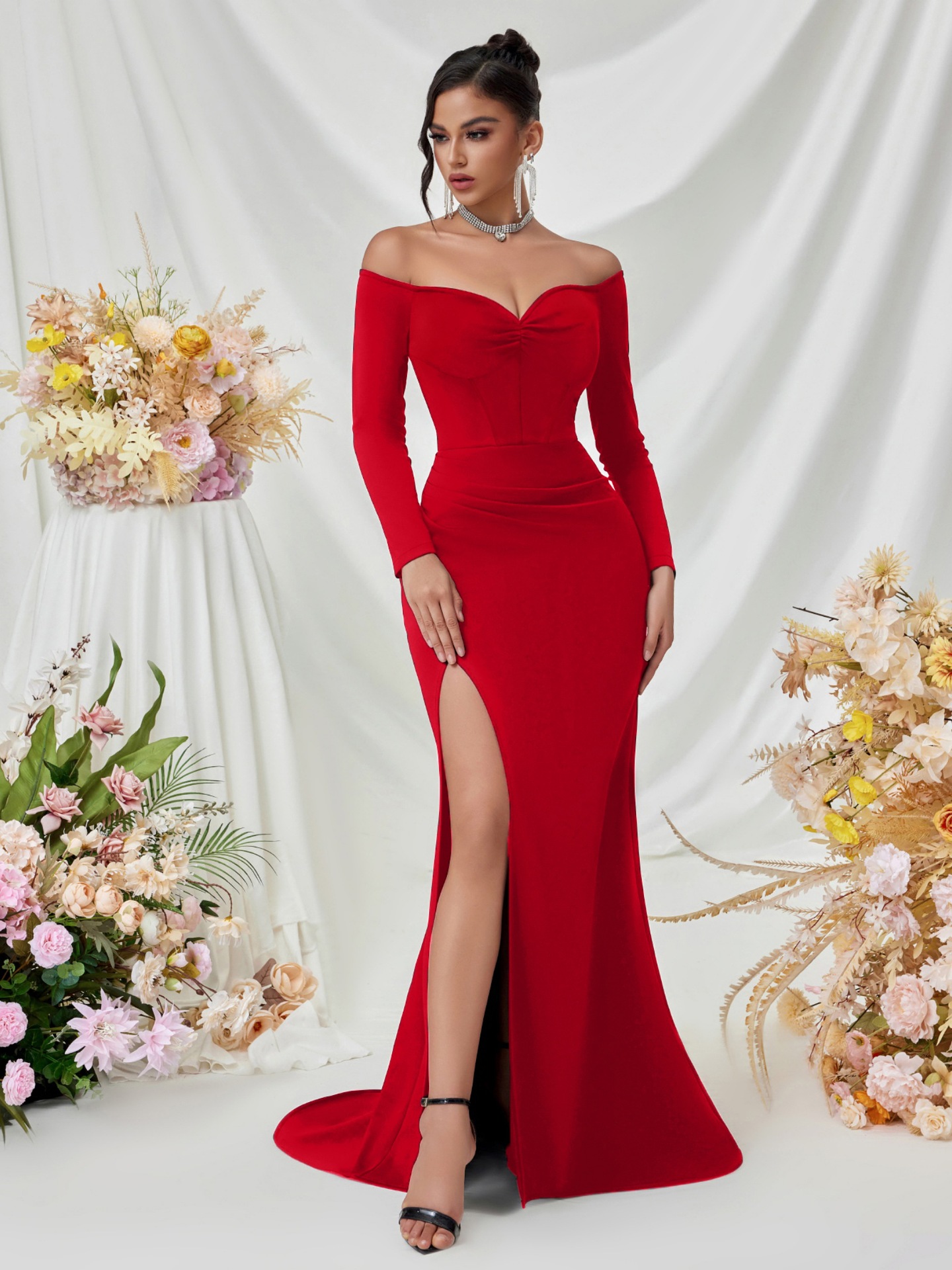2025 falda de trapeador sexy de manga larga europea y americana transfronteriza de color sólido con horquilla alta y delgada falda de vestido de dama de honor de fiesta sin tirantes image 9