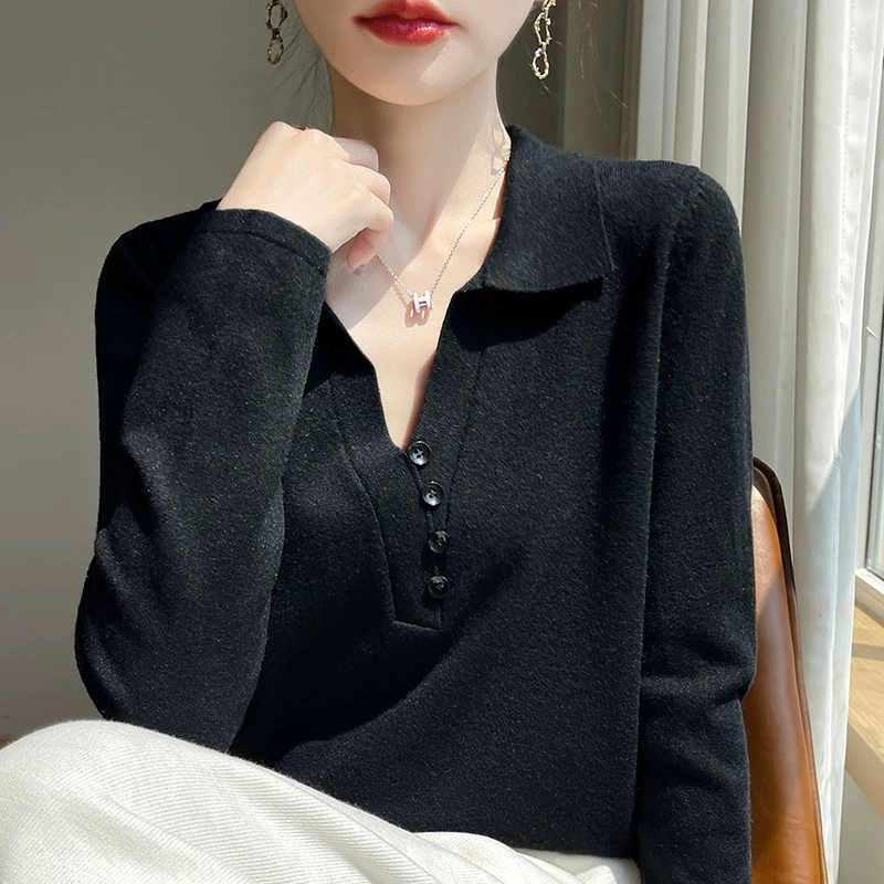 Новый 2024 осенний ветер темперамент Энди пуховой воротник POLO обычный свитер женский трикотаж