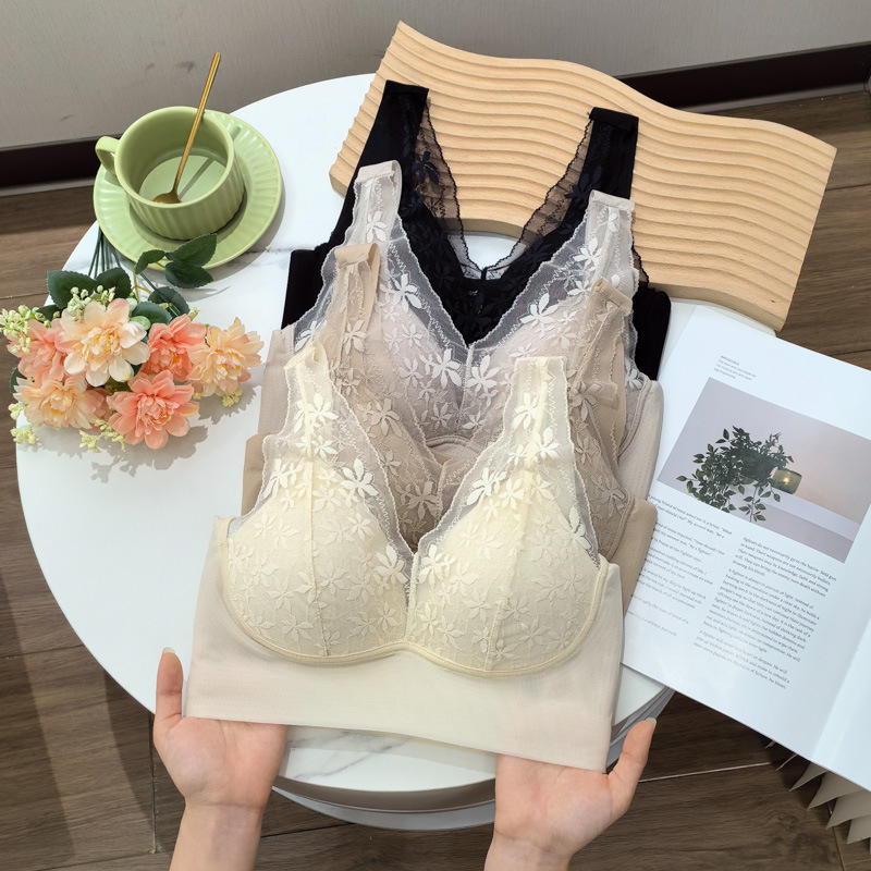 French thin, non-markable beautiful back lingerie for women, ice silk suspender, strapless sexy lace U-shaped beautiful back fixed cup wrapped breast
