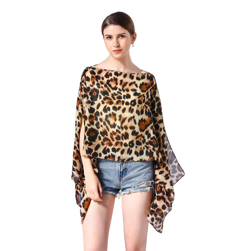 Summer leopard print chiffon sunshading coat with pearl buttons beach robe swimsuit coverall