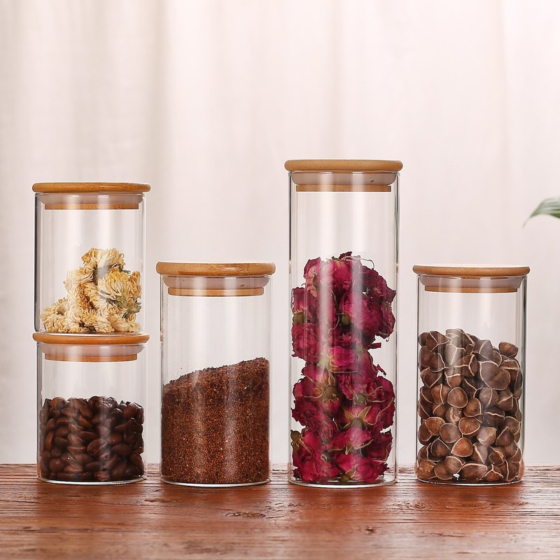 竹の木の蓋のガラスの貯蔵タンクの密封缶を供給して瓶の調味料の缶のお茶の缶の乾燥した果物の缶のガラス瓶を収納します。|undefined