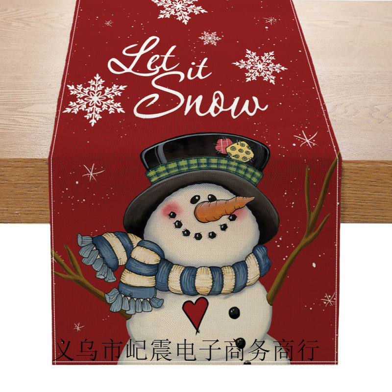 Camino de mesa navideño con estampado de muñeco de nieve y Santa