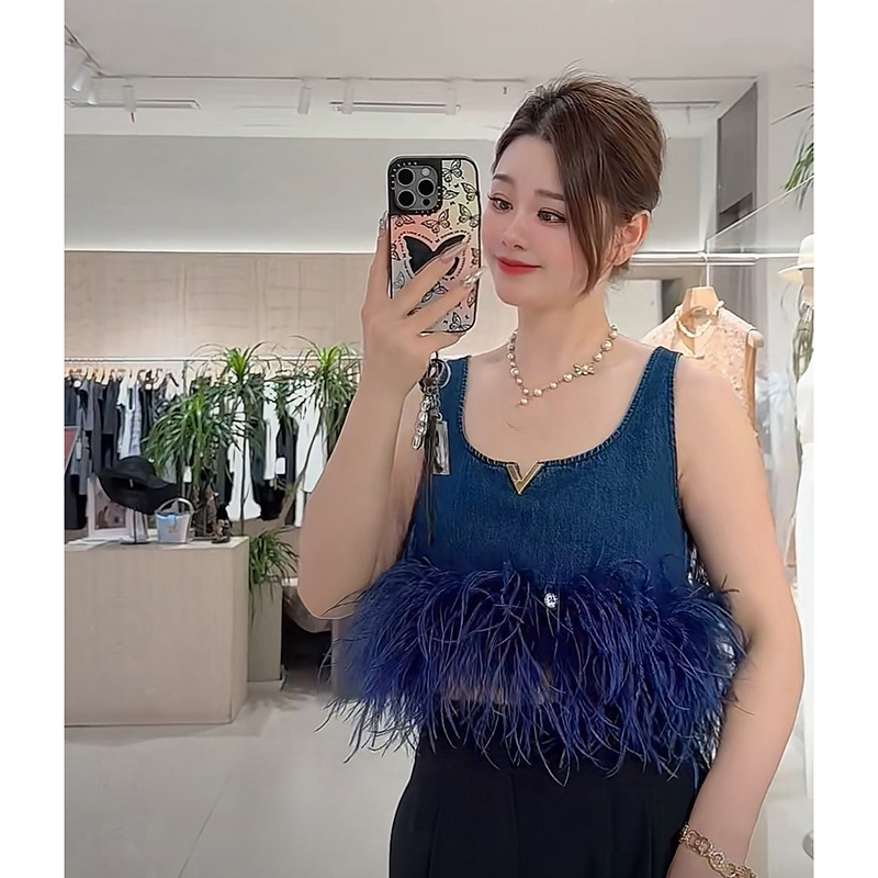 Western Style Accessible Luxury Fluffy Feather Loose Gold V-Shaped Short Top Summer French Retro Slim Square Collar Denim Vest