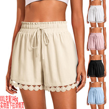 2026跨境欧美春夏新款女装时尚蕾丝花边沙滩休闲宽松系带短裤