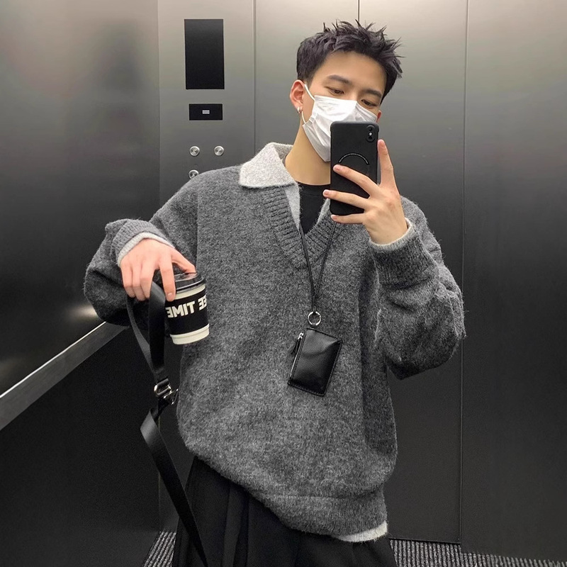 Fake Two-Piece V-Neck Sweater Men's Autumn and Winter Lazy High-Level Sense Old Money Style Polo Collar Knitted Sweater with Stacked Inner Wear Fake Two-Piece V-Neck Sweater Men's Autumn and Winter Lazy High-Level Sense Old Money Style Polo Collar Knitted Sweater with Stacked Inner Wear